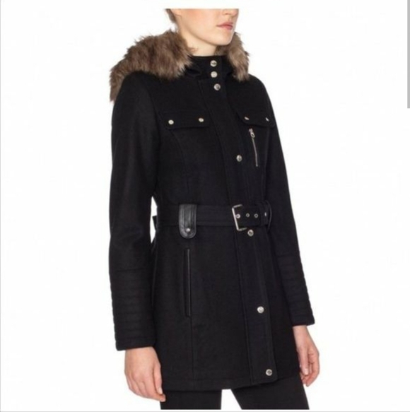Laundry by Design Women's Medium Belted Wool Blend Coat w/ Faux Fur Hood Trim - Picture 4 of 16